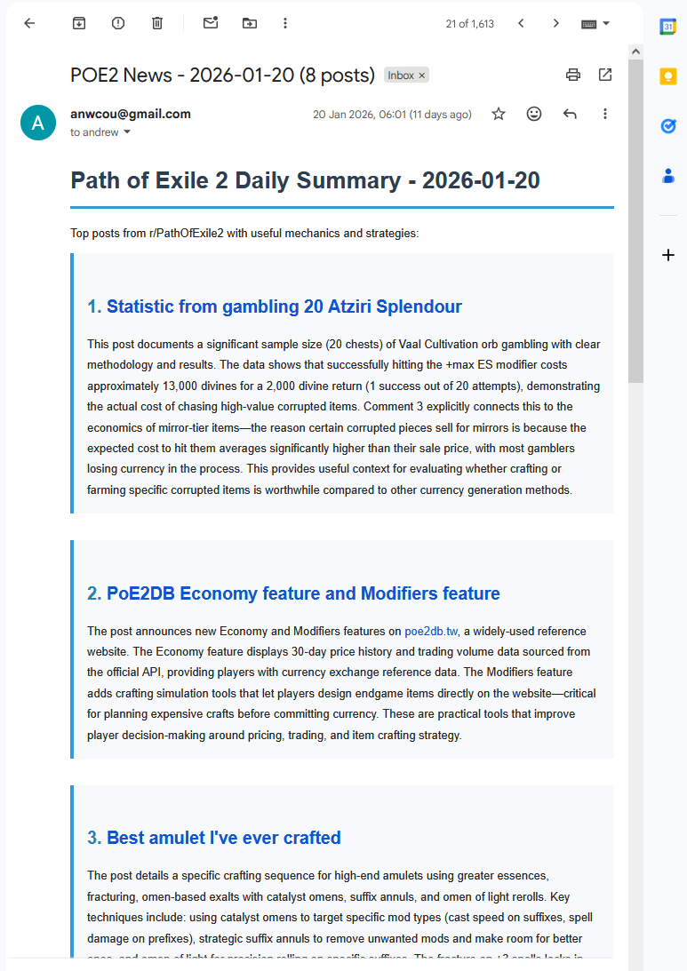 Example of a daily POE2 news email showing summarised Reddit posts